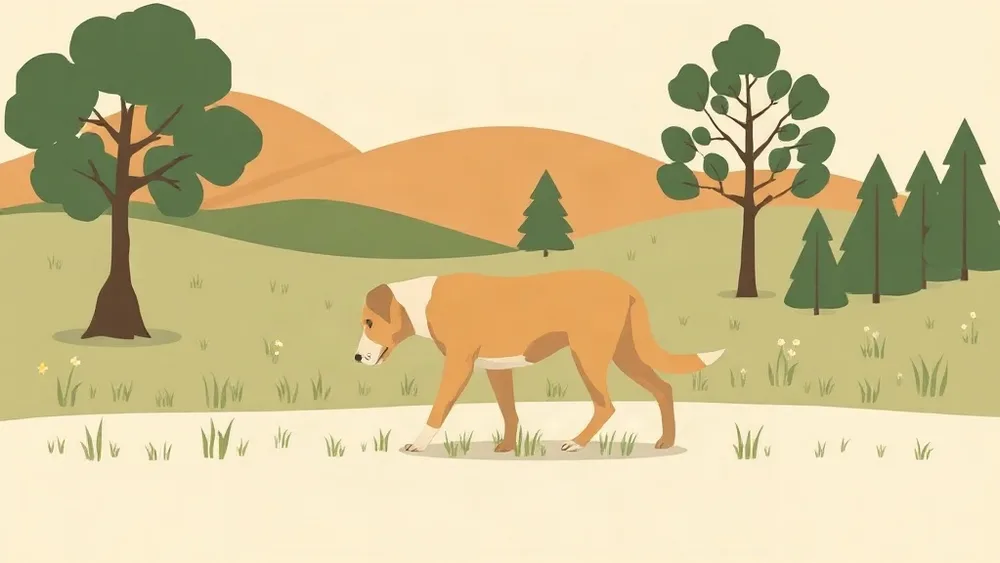 Illustration of an older dog sniffing along a grass path