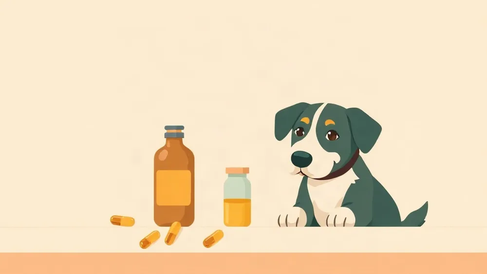 Illustration of fish oil capsules and a jar beside a waiting dog